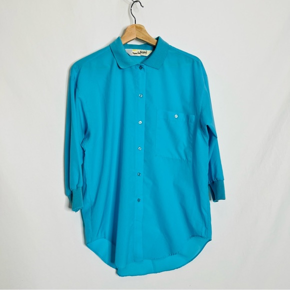 Diane Von Furstenberg Tops - Vintage 80s Diane von Furstenberg Turquoise Blouse with Knit / Woven Collar